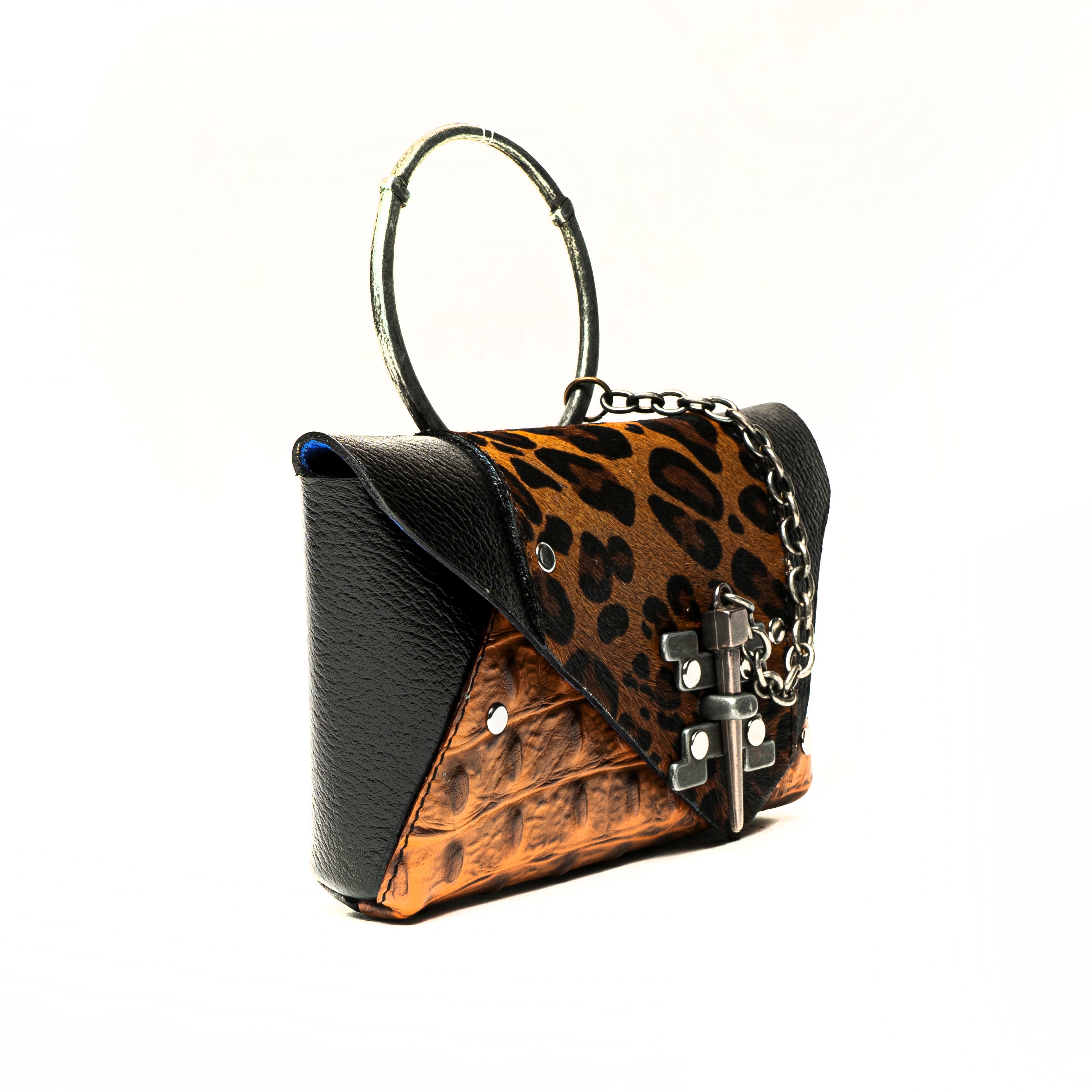 EDITH MINI BAG BLACK AND BROWN LEOPARD CROCODILE