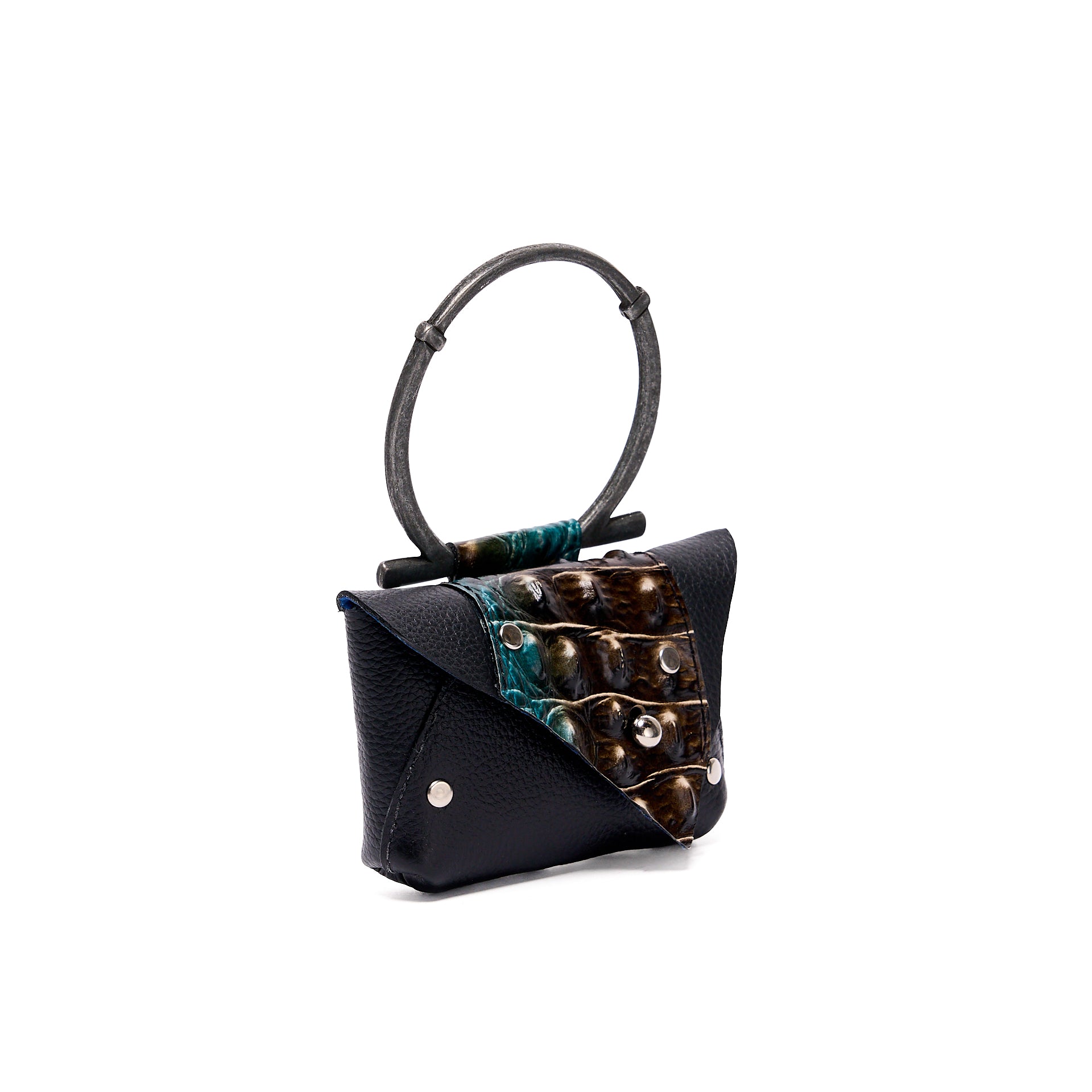 EDITH MICRO COIN PURSE BLACK GRAIN WITH TEAL MOCHA CROCODILE