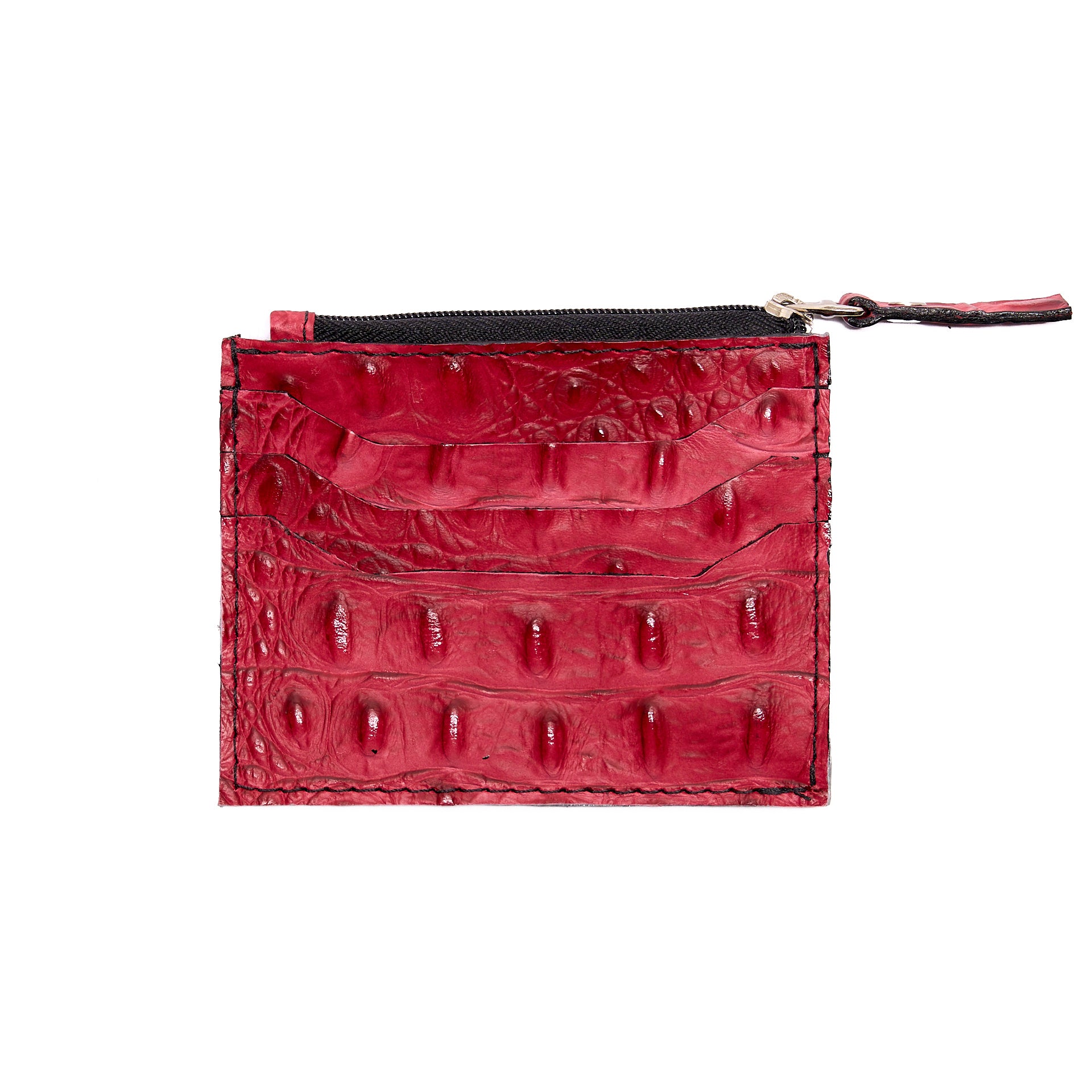 CREDIT CARD HOLDER WITH ZIPPER MIDDLE POCKET RED CROCODILE