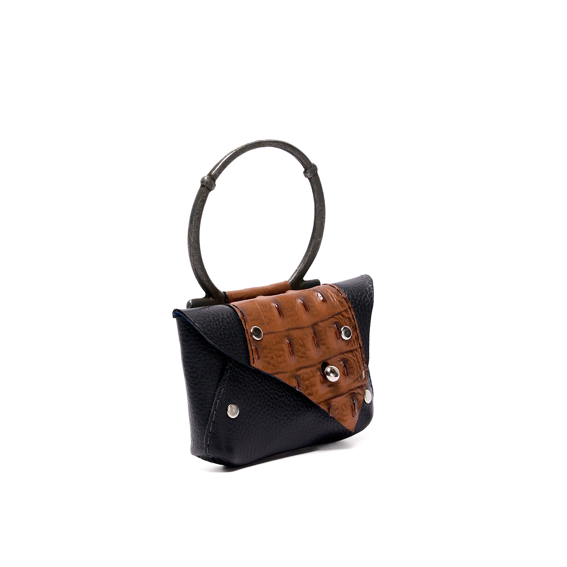 EDITH MICRO COIN PURSE BLACK GRAIN WITH BROWN CROCODILE LEATHER