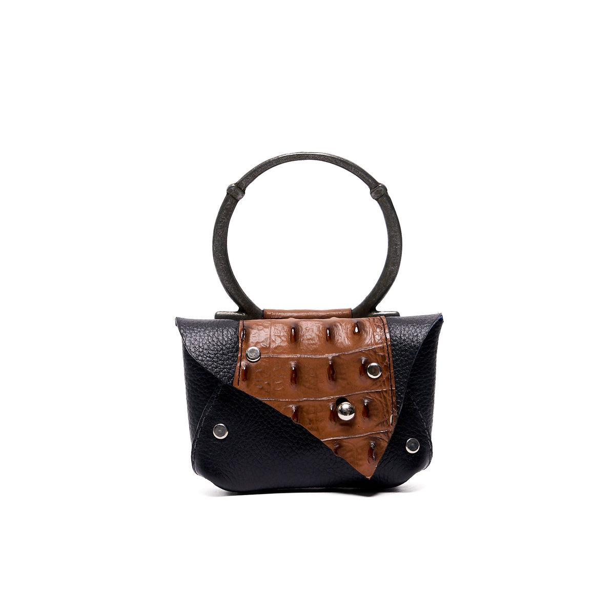 EDITH MICRO COIN PURSE BLACK GRAIN WITH BROWN CROCODILE LEATHER